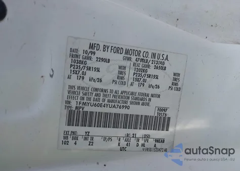 2000 Ford Explorer Sport from USA, damaged, VIN 1FMYU60E4YUA76990